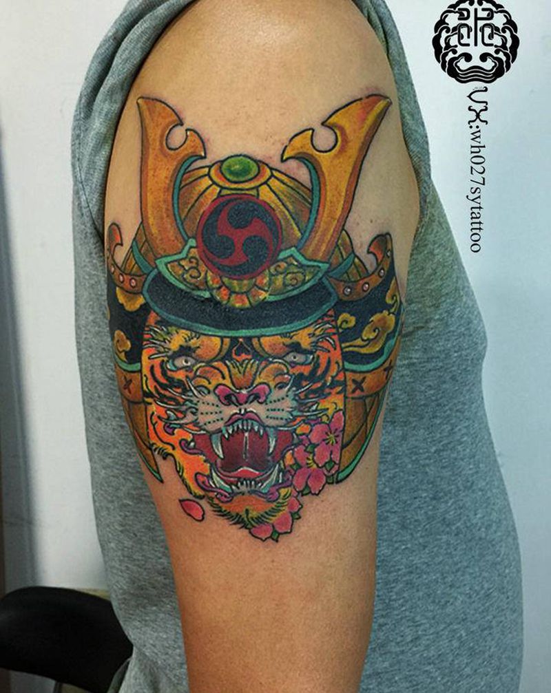 甲胄-虎纹身图片_手臂新传统虎甲胄虎头纹身图案