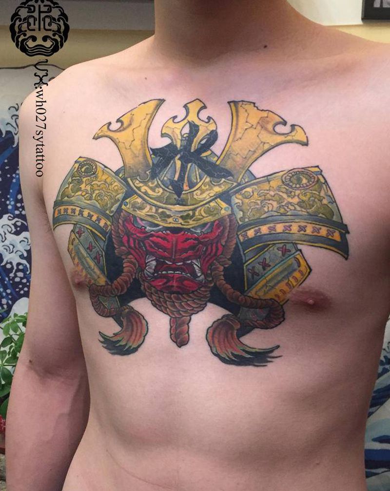 甲胄纹身图片_胸部新传统甲胄日式盔甲花胸纹身图案