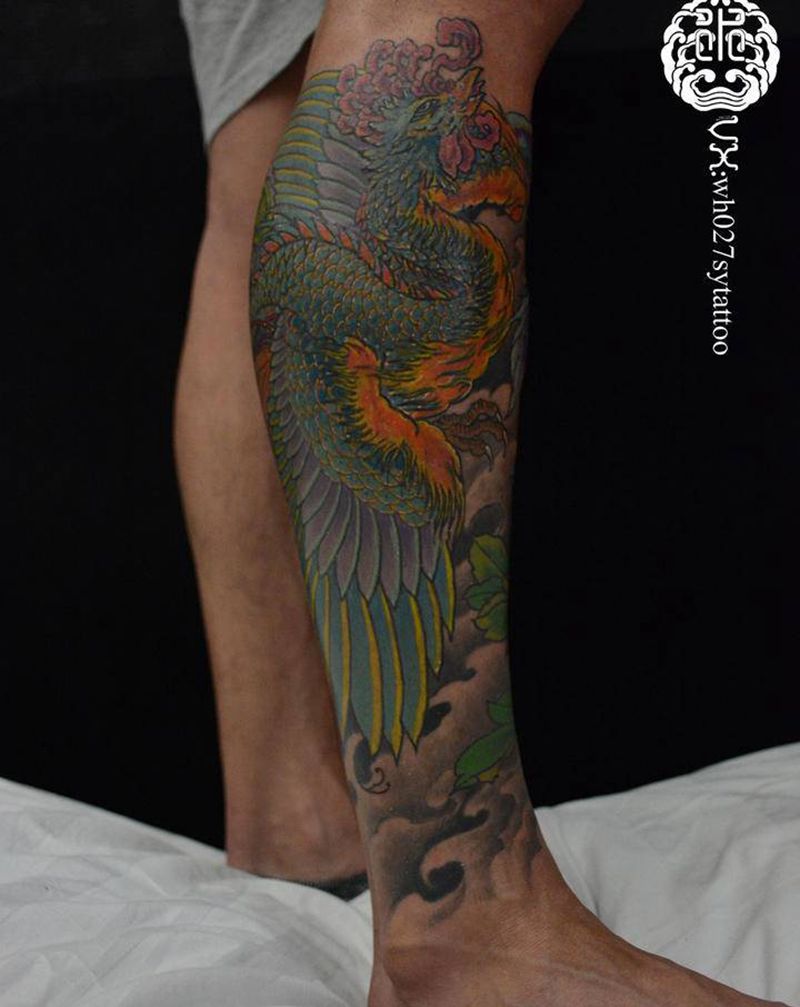 凤凰牡丹纹身图片_腿部新传统凤凰牡丹祥云纹身图案