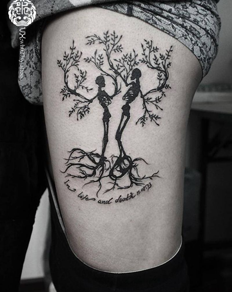 生命树纹身图片_腿部图腾生命树树双子纹身图案