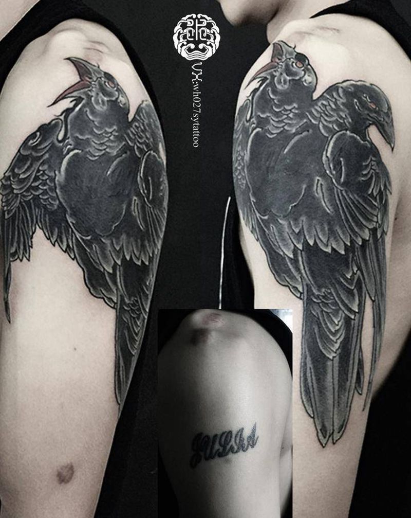 双头不死鸟纹身图片_手臂欧美写实New School乌鸦不死鸟纹身图案