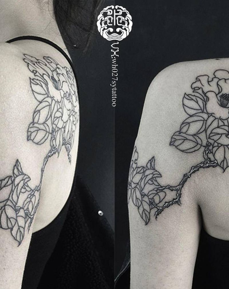 工笔茶花纹身图片_手臂肩部新传统茶花纹身图案