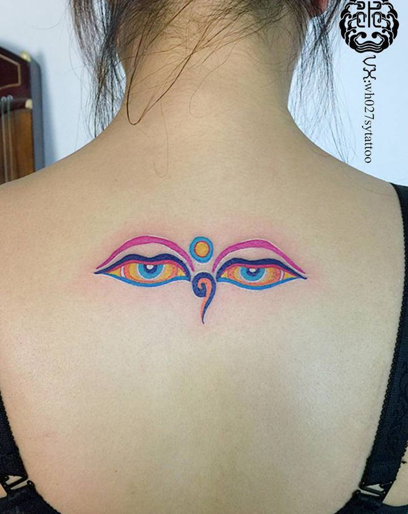 智慧之眼纹身图片_背部新传统图腾智慧之眼佛纹身图案