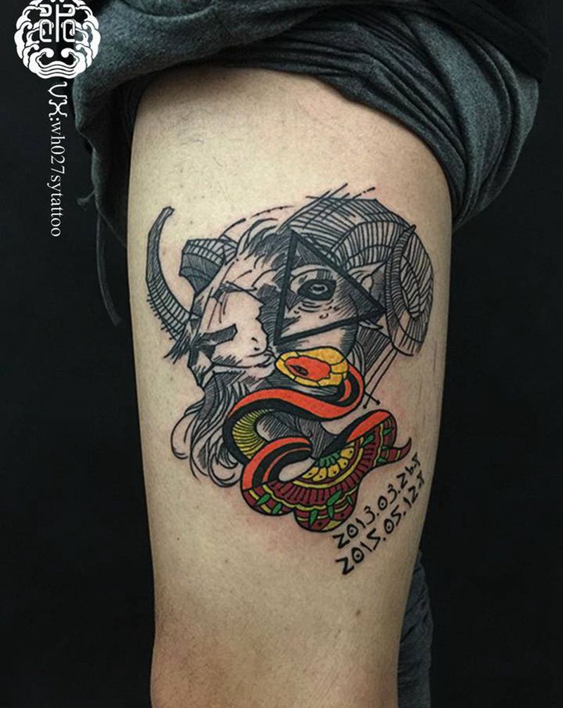 羊蛇纹身图片_腿部图腾羊蛇纹身图案