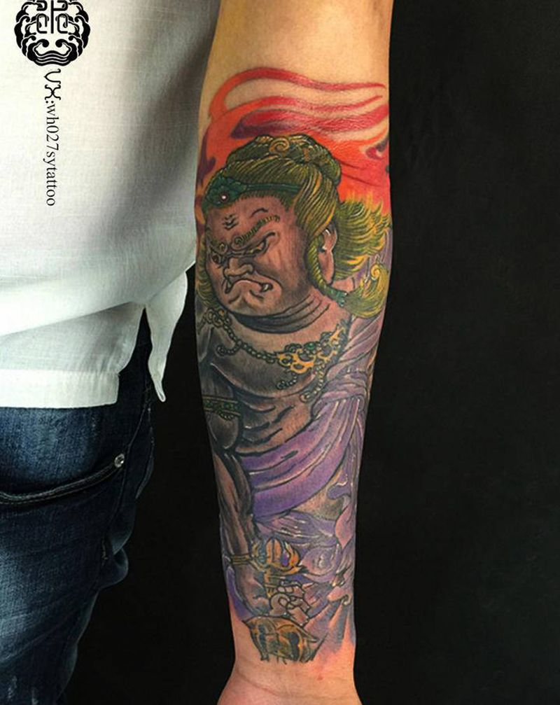 不动明王纹身图片_手臂新传统不动明王明王火纹身图案