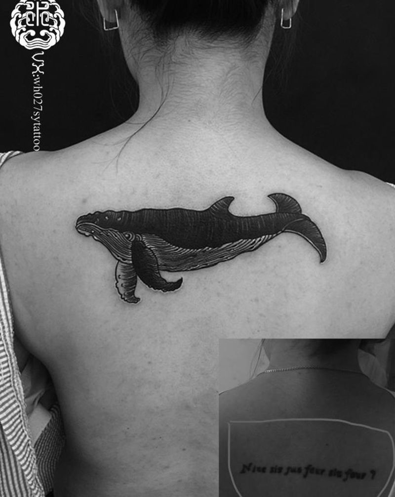 鲸鱼（遮盖）纹身图片_背部欧美写实鲸鱼纹身图案