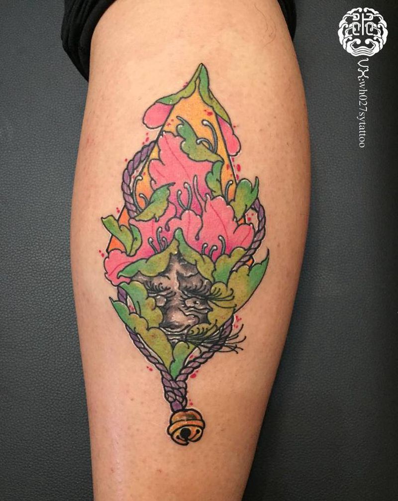 牡丹达摩纹身图片_腿部新传统达摩牡丹纹身图案