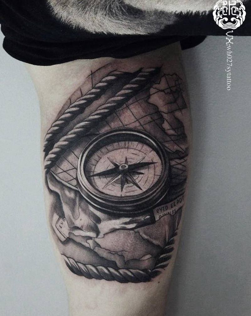 指南针纹身图片_手臂欧美写实地图指南针纹身图案