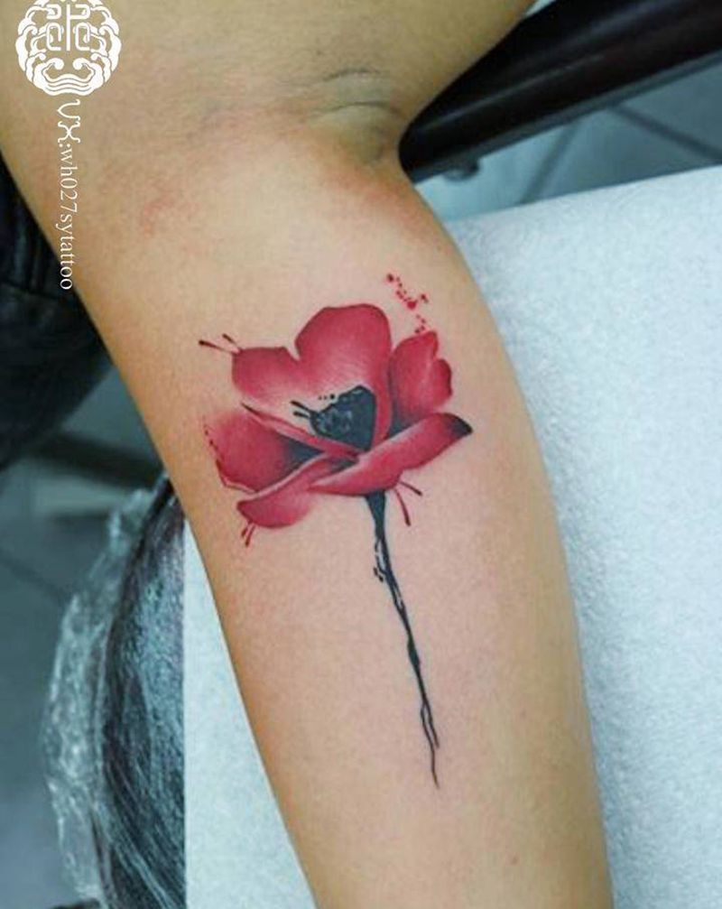 罂粟纹身图片_手臂水彩罂粟花纹身图案