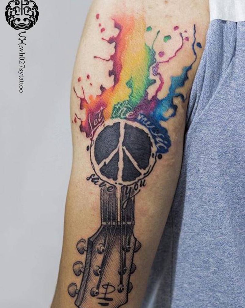 吉他纹身图片_手臂水彩图腾吉他乐器纹身图案