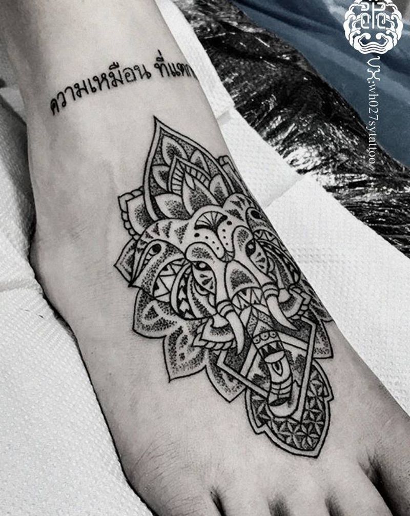 象神纹身图片_脚部图腾几何象神纹身图案