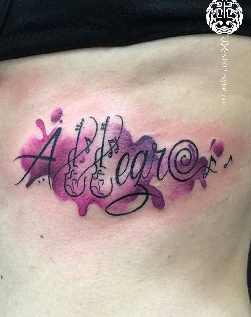 水彩纹身图片_腰部水彩花体字小提琴纹身图案