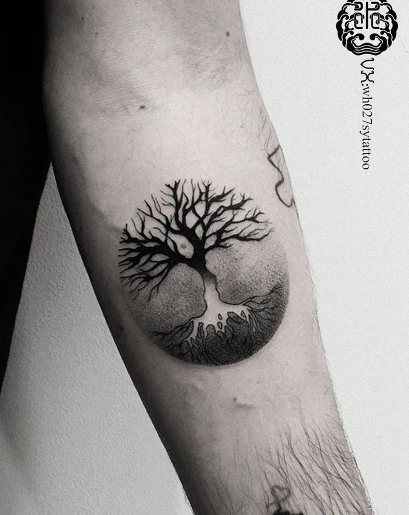 生命树纹身图片_手臂图腾点刺树纹身图案
