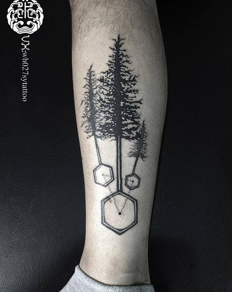 三角寒树纹身图片_腿部图腾树纹身图案