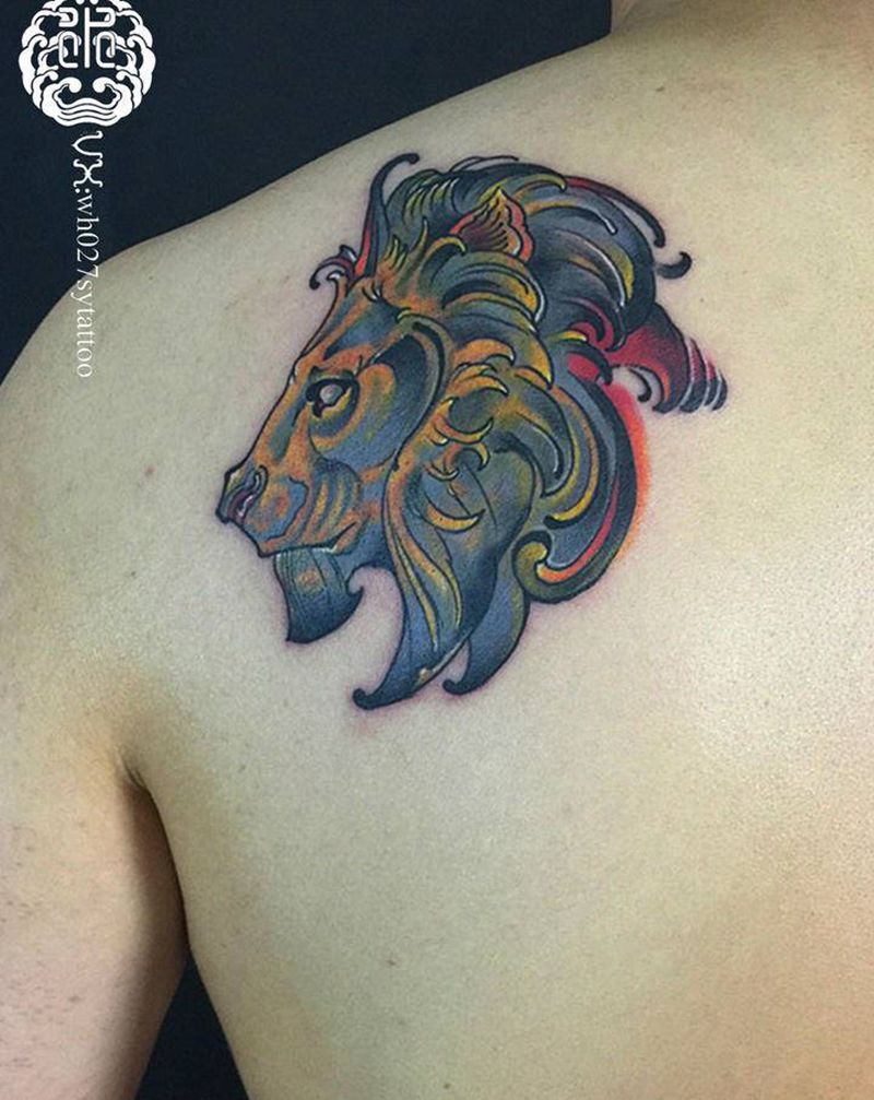 狮子纹身图片_肩部New School狮子纹身图案