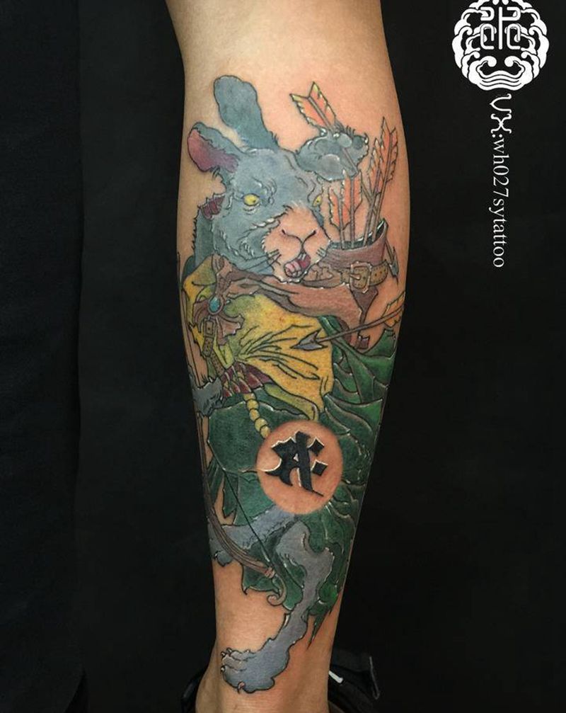 弓箭手兔子纹身图片_腿部新传统兔子兔弓箭纹身图案