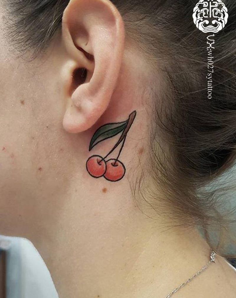樱桃纹身图片_颈部New School樱桃纹身图案