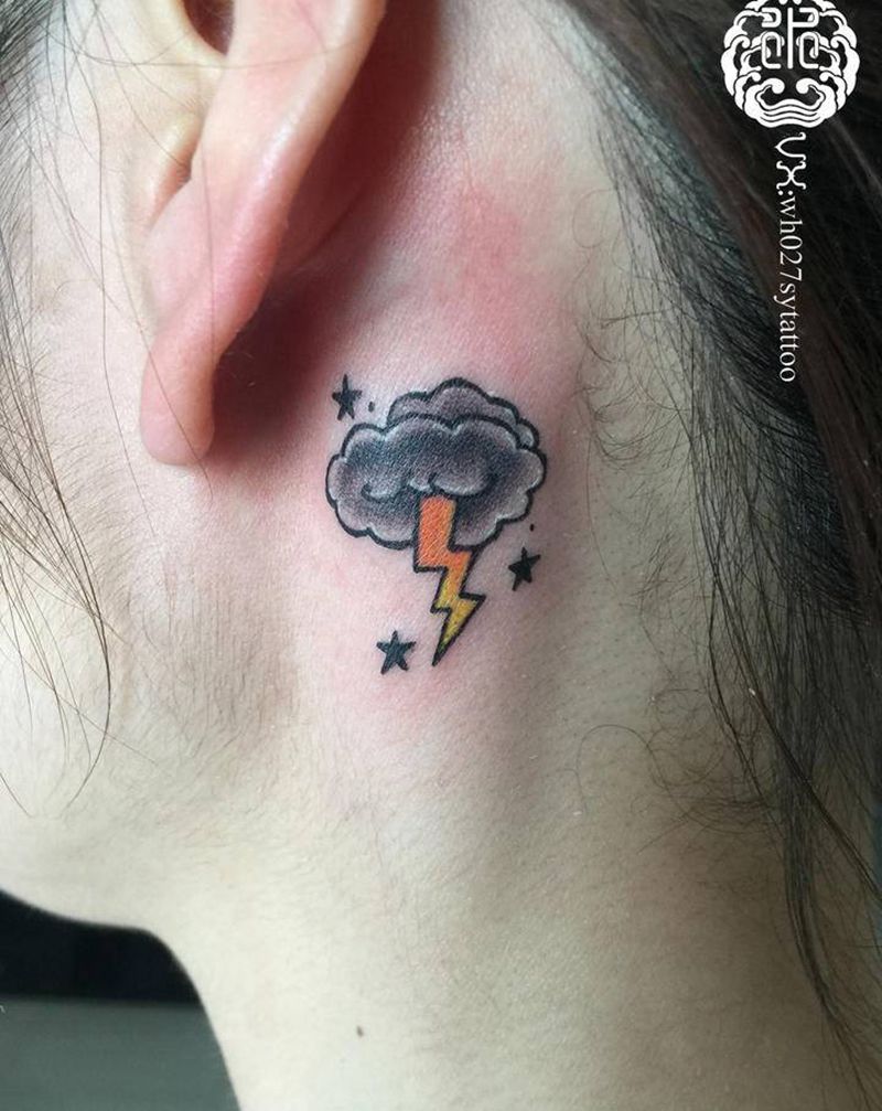 乌云闪电纹身图片_颈部New School闪电乌云纹身图案