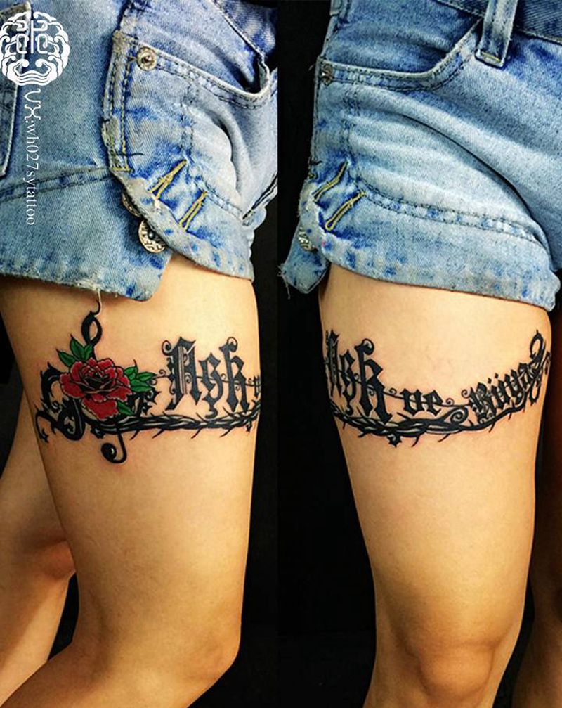 school玫瑰纹身图片_腿部花体字Old School玫瑰纹身图案