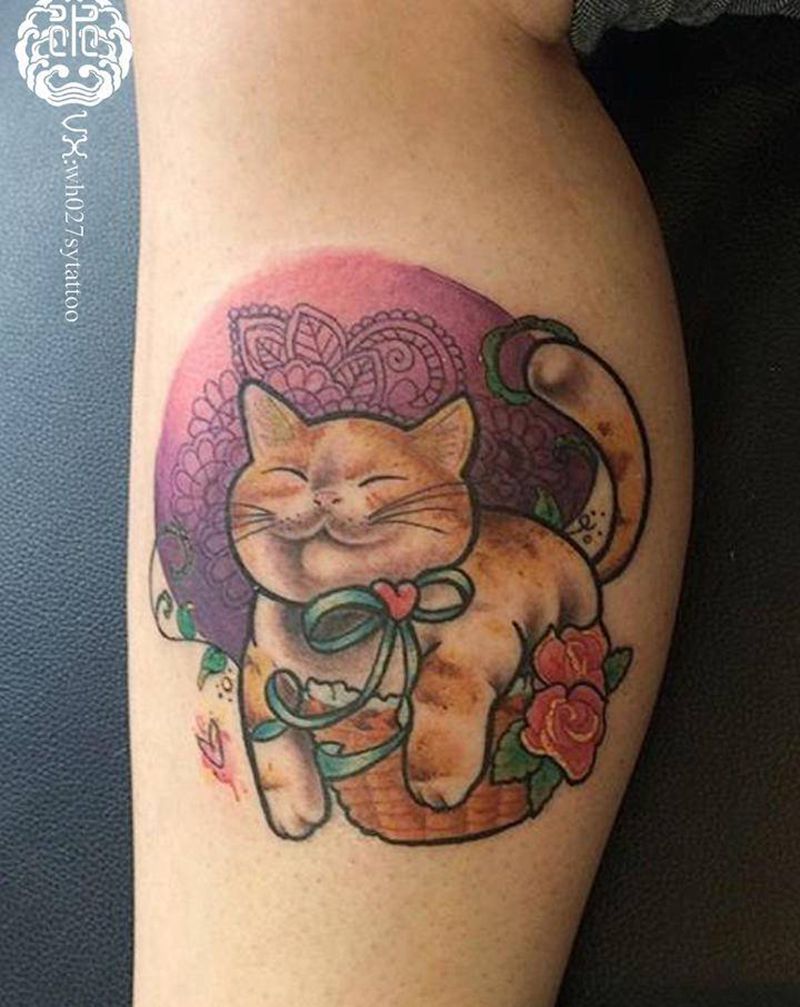 胖橘纹身图片_腿部New School猫橘猫纹身图案