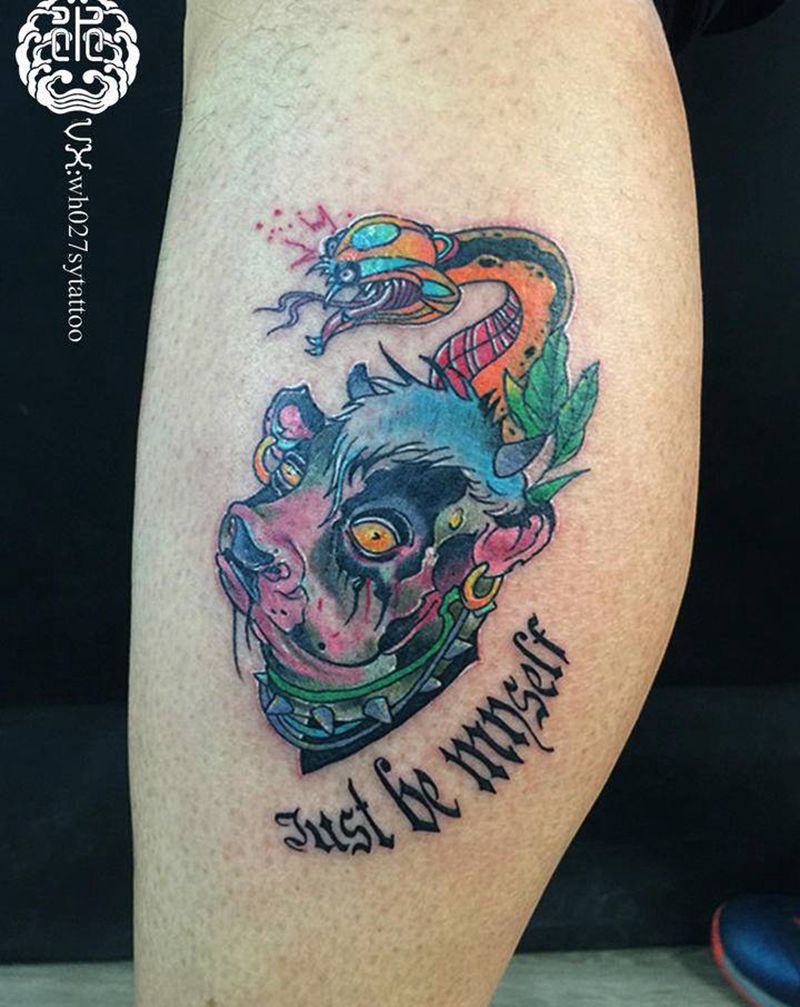 丧尸牛/闪电蛇纹身图片_腿部New School蛇牛纹身图案