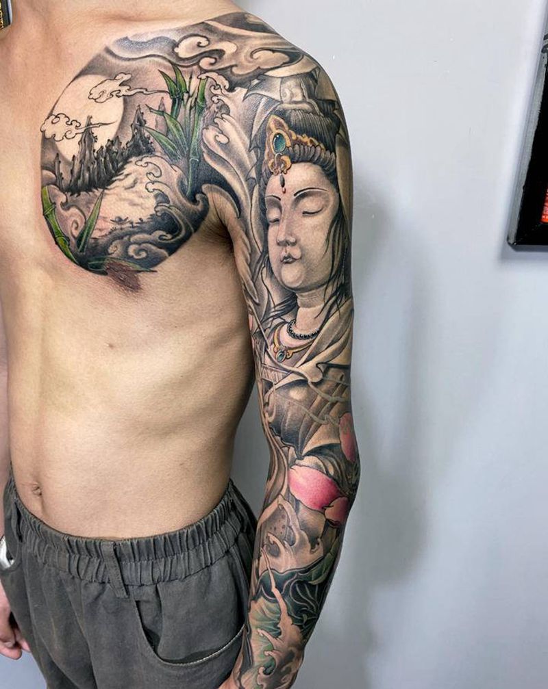 新传统 观音纹身图片_手臂胸部新传统半甲观音荷花纹身图案