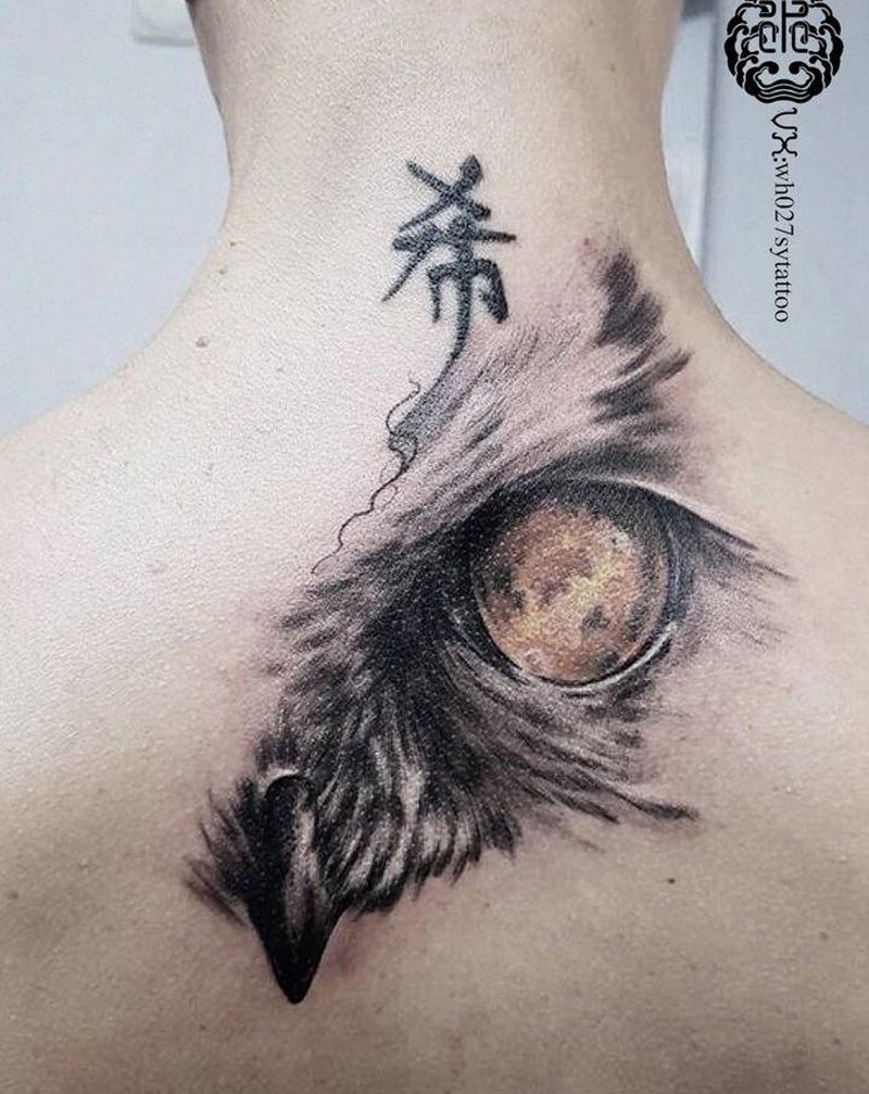 猫头鹰纹身图片_背部欧美写实猫头鹰纹身图案