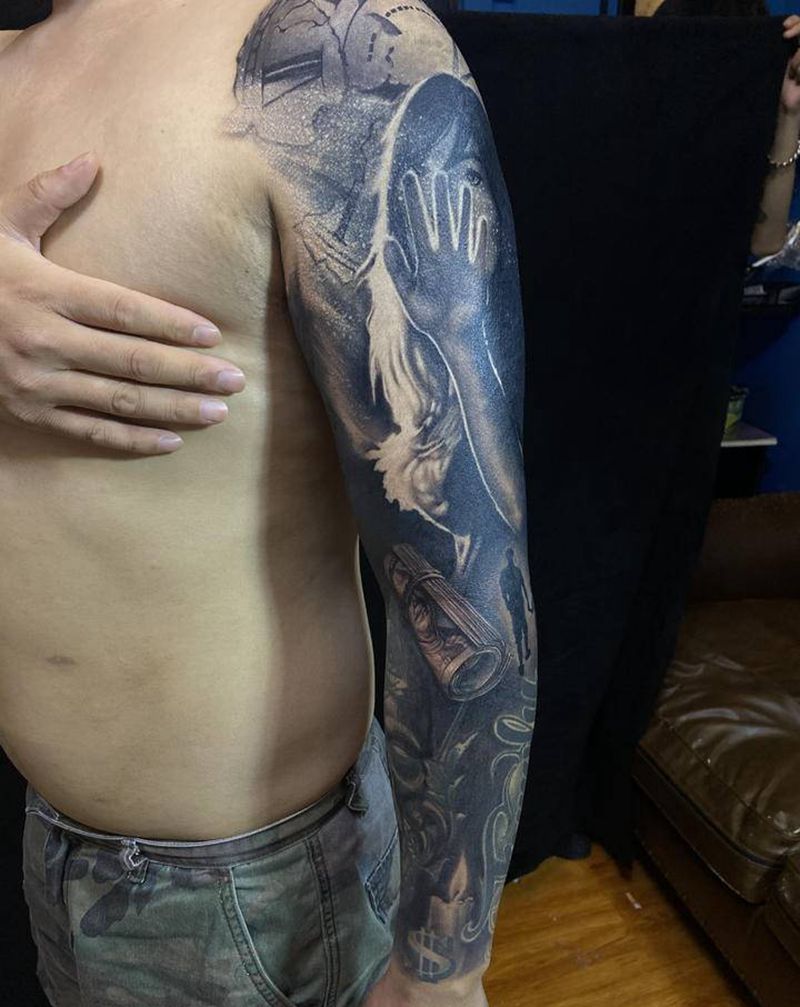 欧美写实花臂纹身图片_手臂欧美写实纹身图案