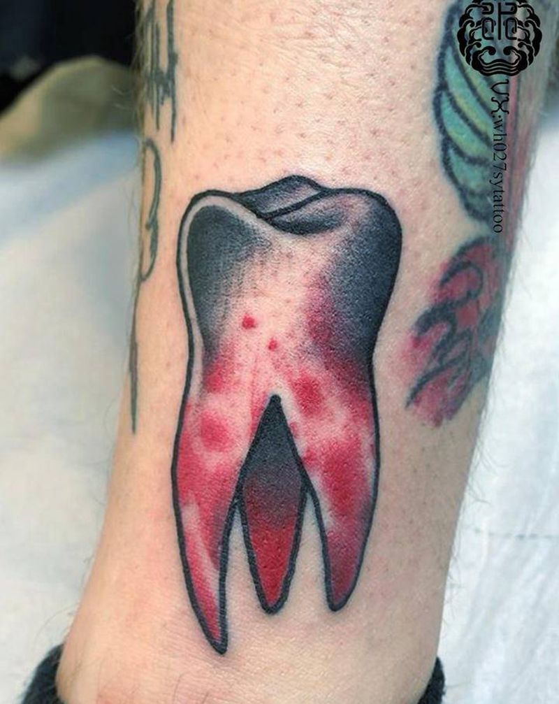 智齿纹身图片_腿部New School牙齿牙智齿纹身图案