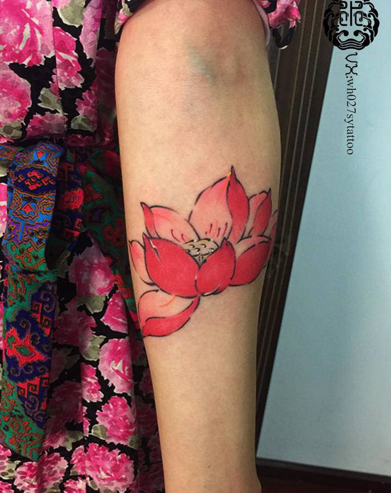 红莲纹身图片_手臂新传统莲花荷花纹身图案