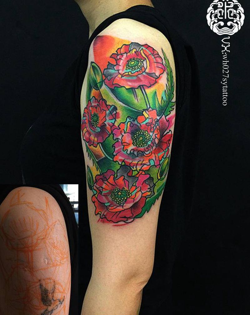 罂粟（遮盖）纹身图片_手臂水彩水墨罂粟花纹身图案