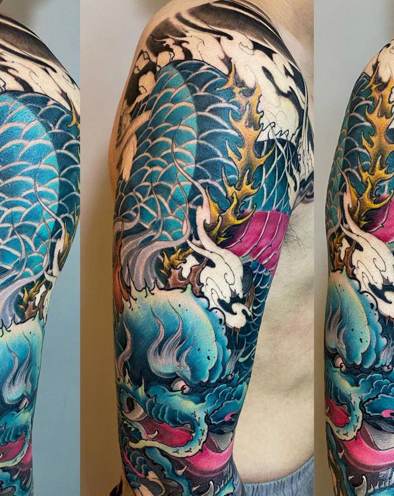 新传统大臂纹身图片_手臂肩部新传统龙机械纹身图案