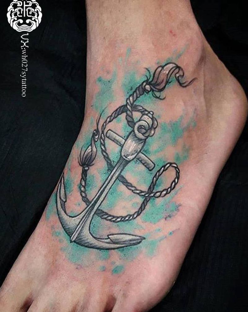 船锚纹身图片_脚部水彩船锚纹身图案