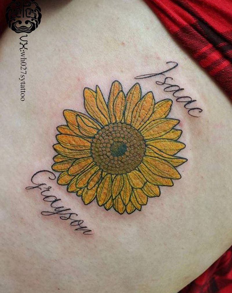 向阳花纹身图片_腿部New School向阳花向日葵纹身图案