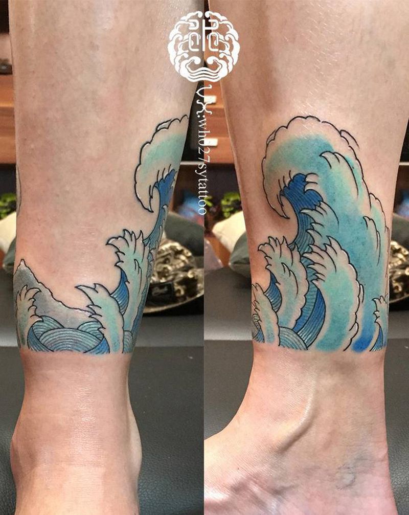 海浪脚环纹身图片_腿部新传统海浪水浪纹身图案