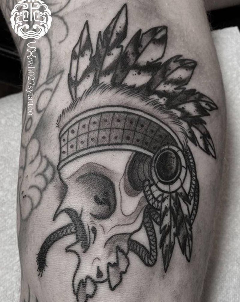 印第安骷髅纹身图片_腿部New School印第安骷髅纹身图案