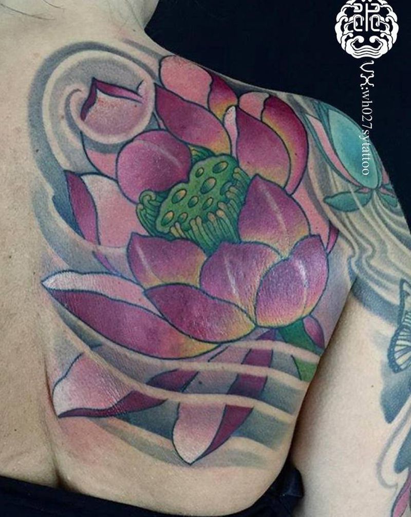 莲花纹身图片_肩部新传统莲花荷花纹身图案