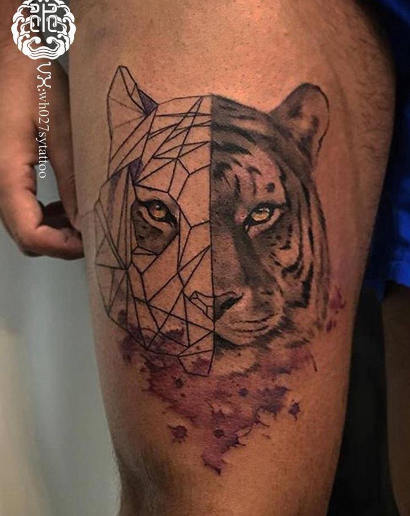 虎头纹身图片_腿部几何水彩虎头虎纹身图案
