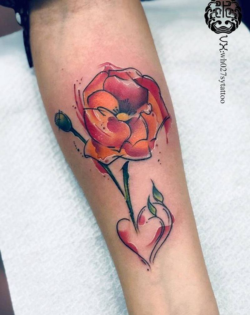 罂粟纹身图片_手臂水彩罂粟花纹身图案