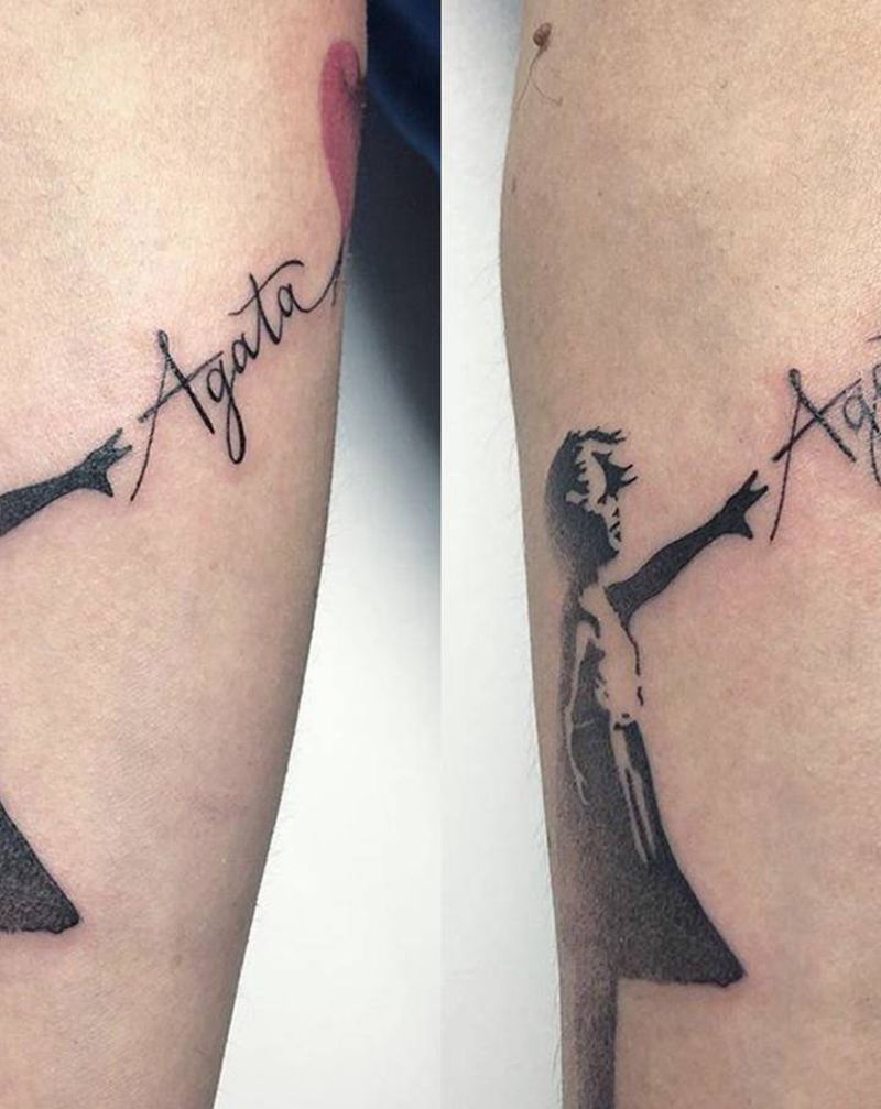 气球女孩纹身图片_手臂点刺纹身图案