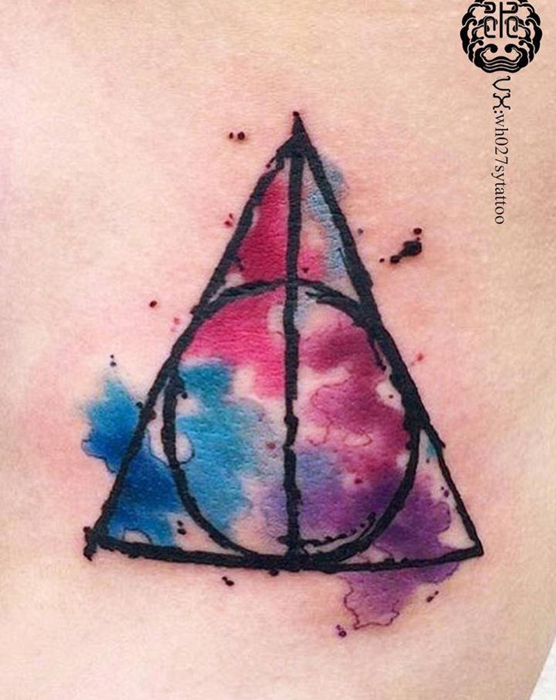 死亡圣器纹身图片_腰部水彩哈利波特死亡圣器纹身图案