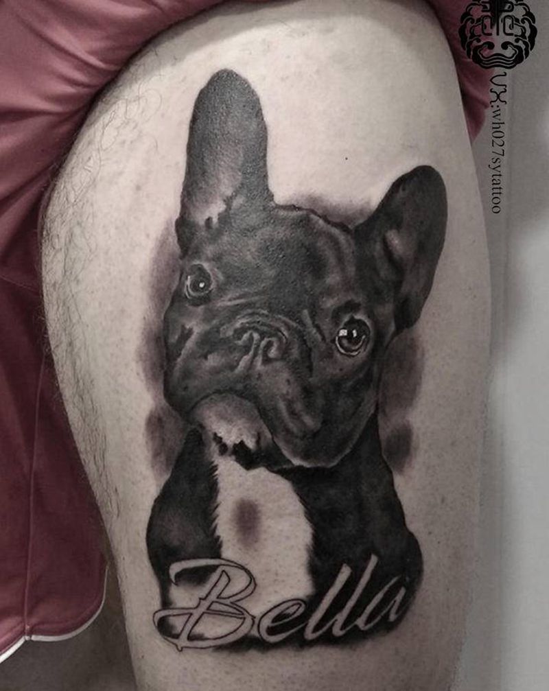 法斗纹身图片_腿部欧美写实狗纹身图案