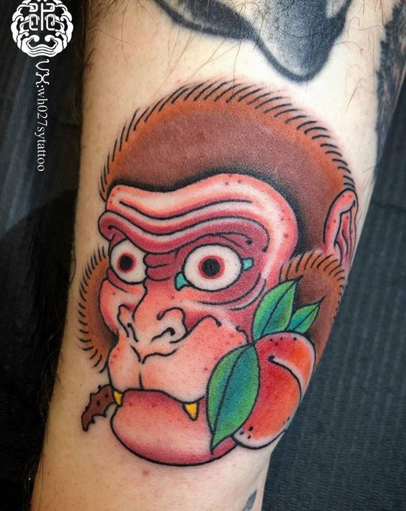 老传统-猴头纹身图片_腿部老传统猴猴头纹身图案