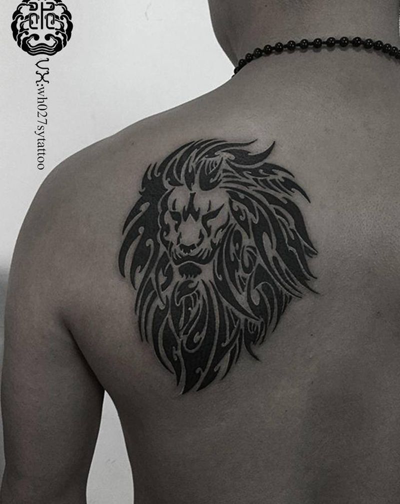 狮子纹身图片_肩部图腾狮子狮动物纹身图案