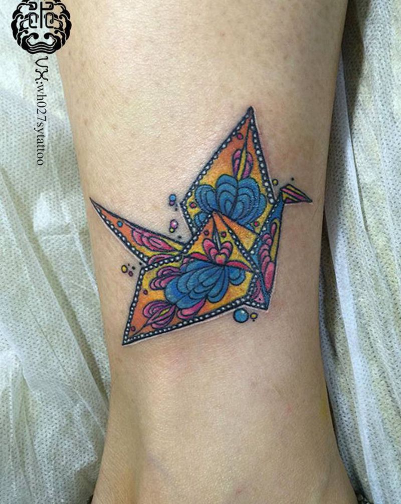 纸鹤纹身图片_腿部New School千纸鹤纸鹤鹤纹身图案