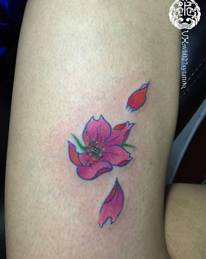 樱花（遮盖疤痕）纹身图片_腿部新传统樱花花纹身图案