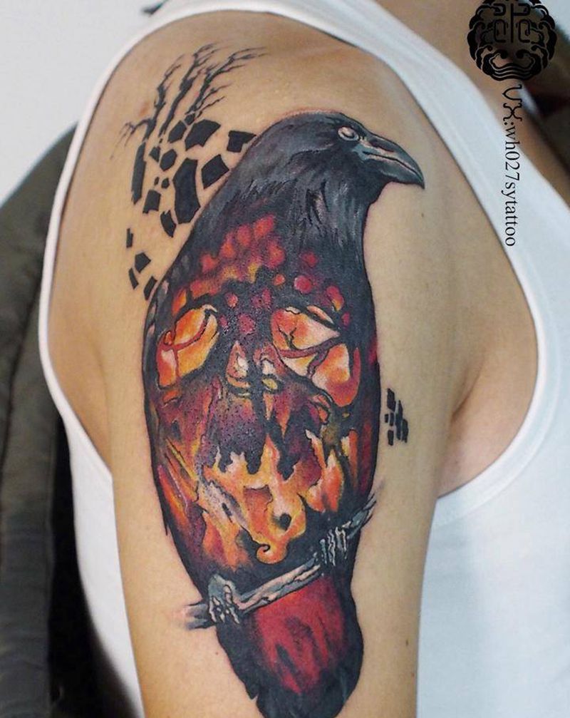 骷髅不死鸟纹身图片_手臂欧美写实乌鸦渡鸦不死鸟纹身图案