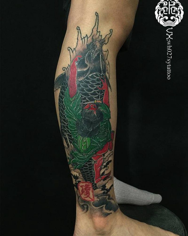 西塔鬼若丸纹身图片_腿部新传统鱼鬼若丸纹身图案