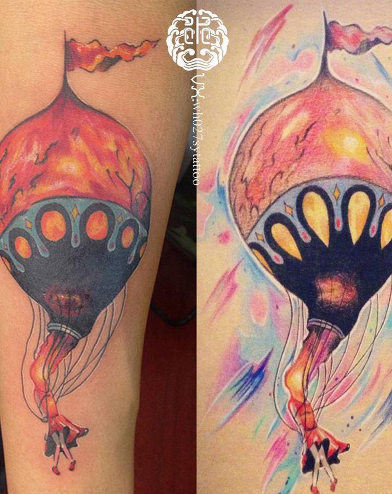 热气球纹身图片_手臂New School热气球纹身图案