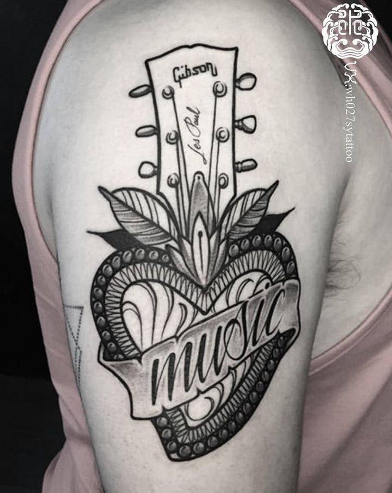 玩琴只玩Gibson纹身图片_手臂图腾New School吉他摇滚纹身图案